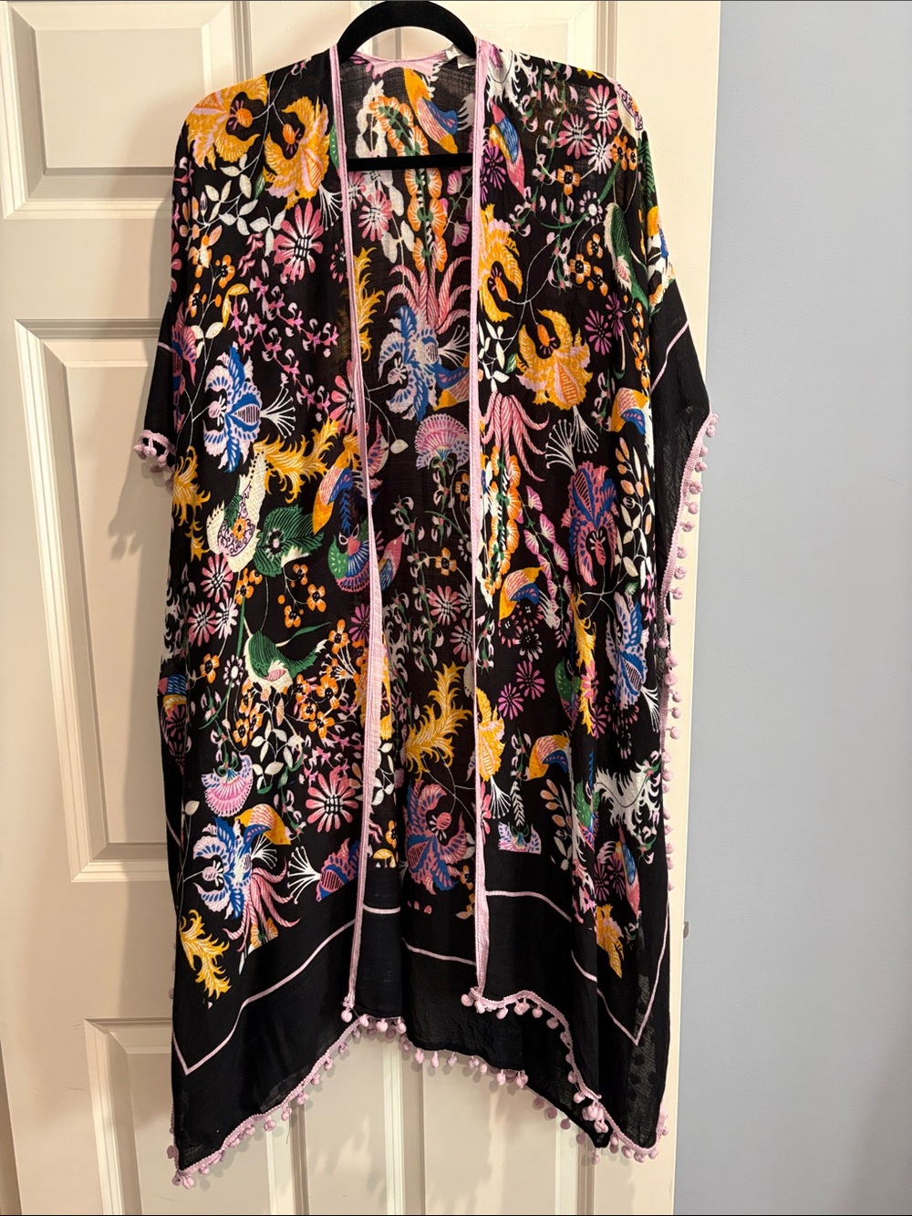 Shiraleah, Black Floral Embroidered Kimono Cover-Up with Pom Trim